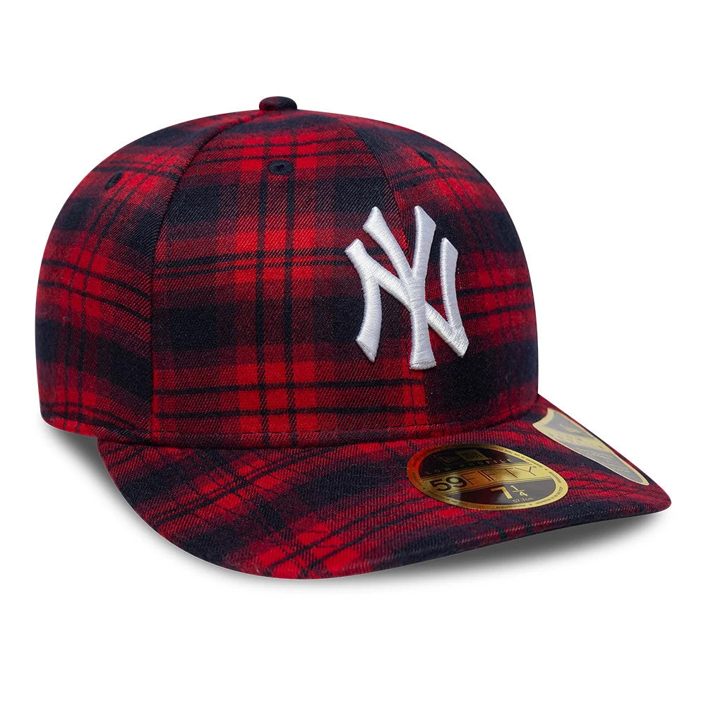 New York Yankees MLB Check Red Low Profile New Era 59FIFTY Fitted Cap, three-quarter view with a white raised embroidered NY logo on the front panel, red and black plaid pattern, and a gold 59FIFTY size sticker on the curved visor.