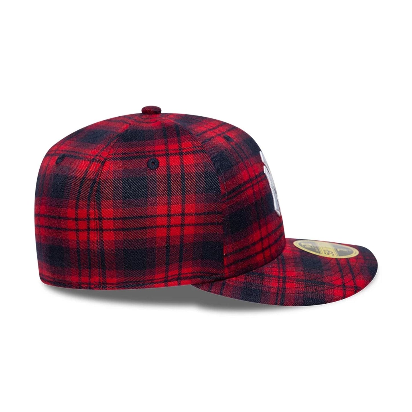 New York Yankees MLB Check Red Low Profile New Era 59FIFTY Fitted Cap, side view showing the navy and red check pattern, curved crown, flat red visor, and gold 59FIFTY size sticker on the visor's top side.