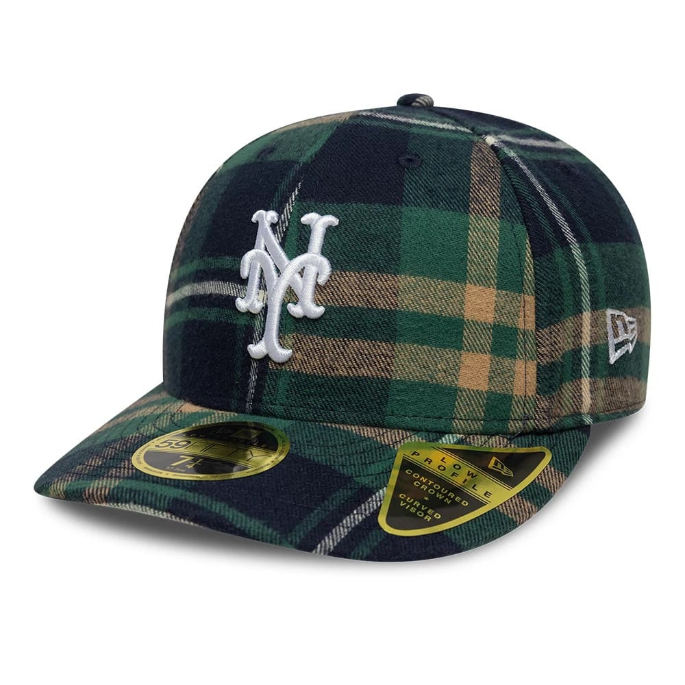 New York Mets MLB Check Dark Green Low Profile New Era 59FIFTY Fitted Cap, three-quarter view showing the white raised embroidered NY logo on the front panel, a checkered pattern on the crown and visor, and a gold 59FIFTY size sticker on the visor.