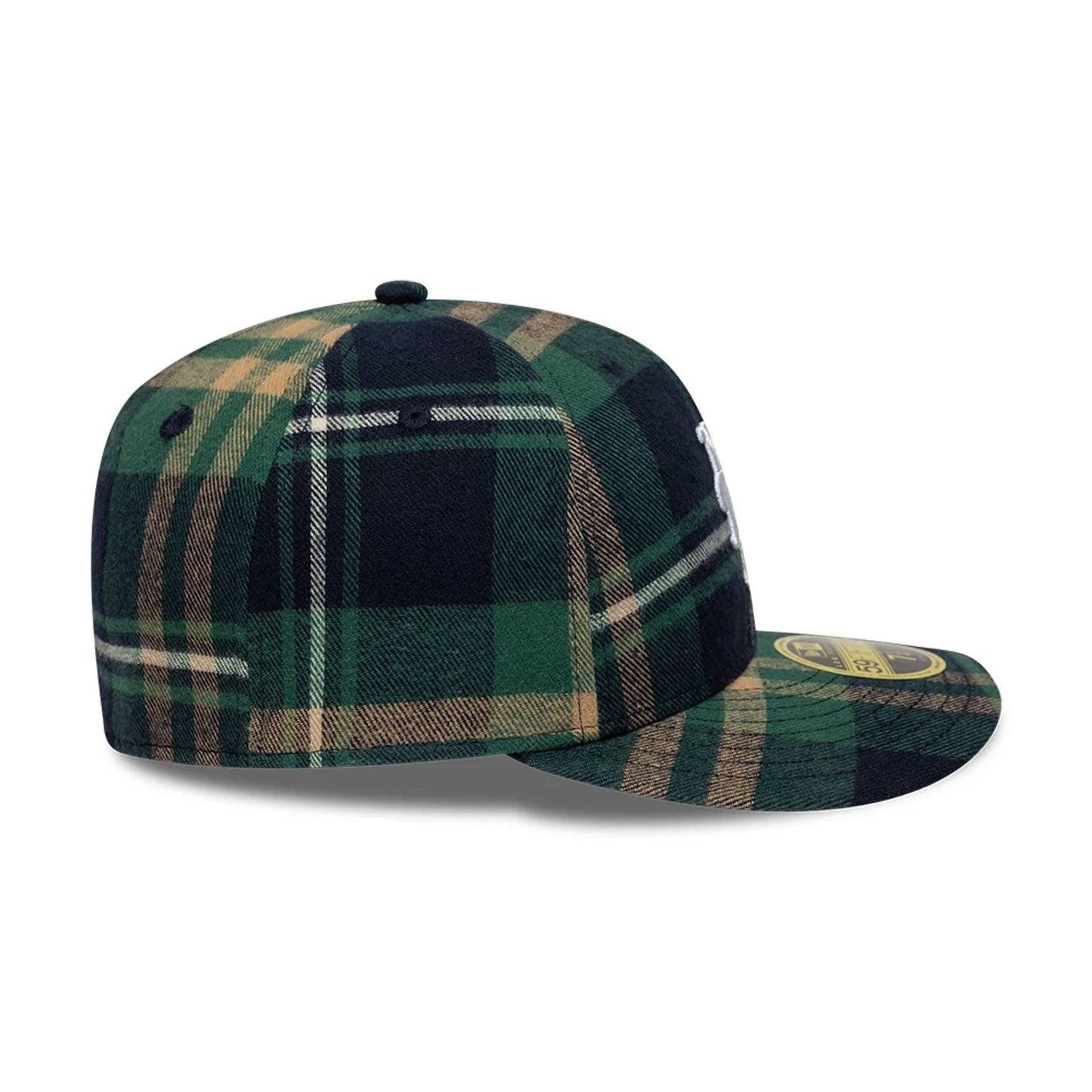 New York Mets MLB Check Dark Green Low Profile New Era 59FIFTY Fitted Cap, side view showing embroidered white Mets logo on the front panel, dark green and tan check pattern, and gold 59FIFTY size sticker on the flat visor.