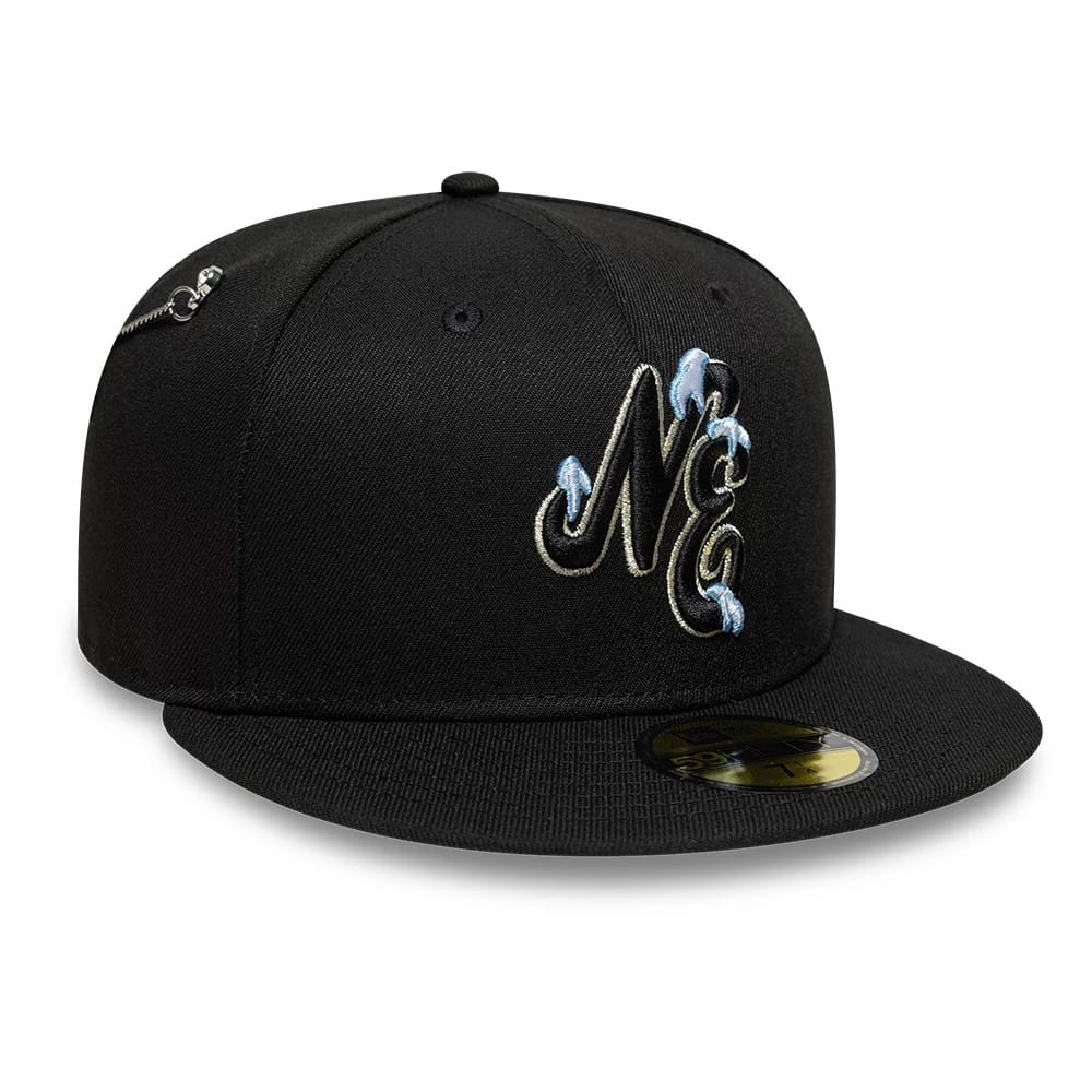 New Era Snow Icon Black 59FIFTY Fitted Cap, front view showing a black raised embroidery NE logo with blue snow accents on the front panel, a flat black visor, and a gold 59FIFTY size sticker.