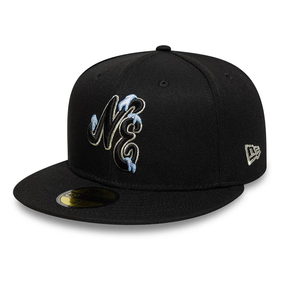 New Era Snow Icon Black 59FIFTY Fitted Cap, three-quarter view showing the black embroidered NE logo with blue and white snow effect on the front panel, black flat visor with gold 59FIFTY size sticker, and New Era flag logo on the left side.