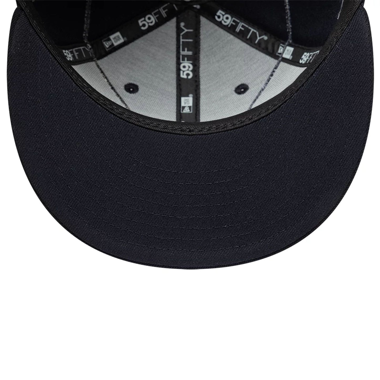 New Era Beaded Wings Navy 59FIFTY Fitted Cap, inside view showing black taping with white 59FIFTY branding, a grey sweatband, and a black undervisor featuring detailed stitch lines.