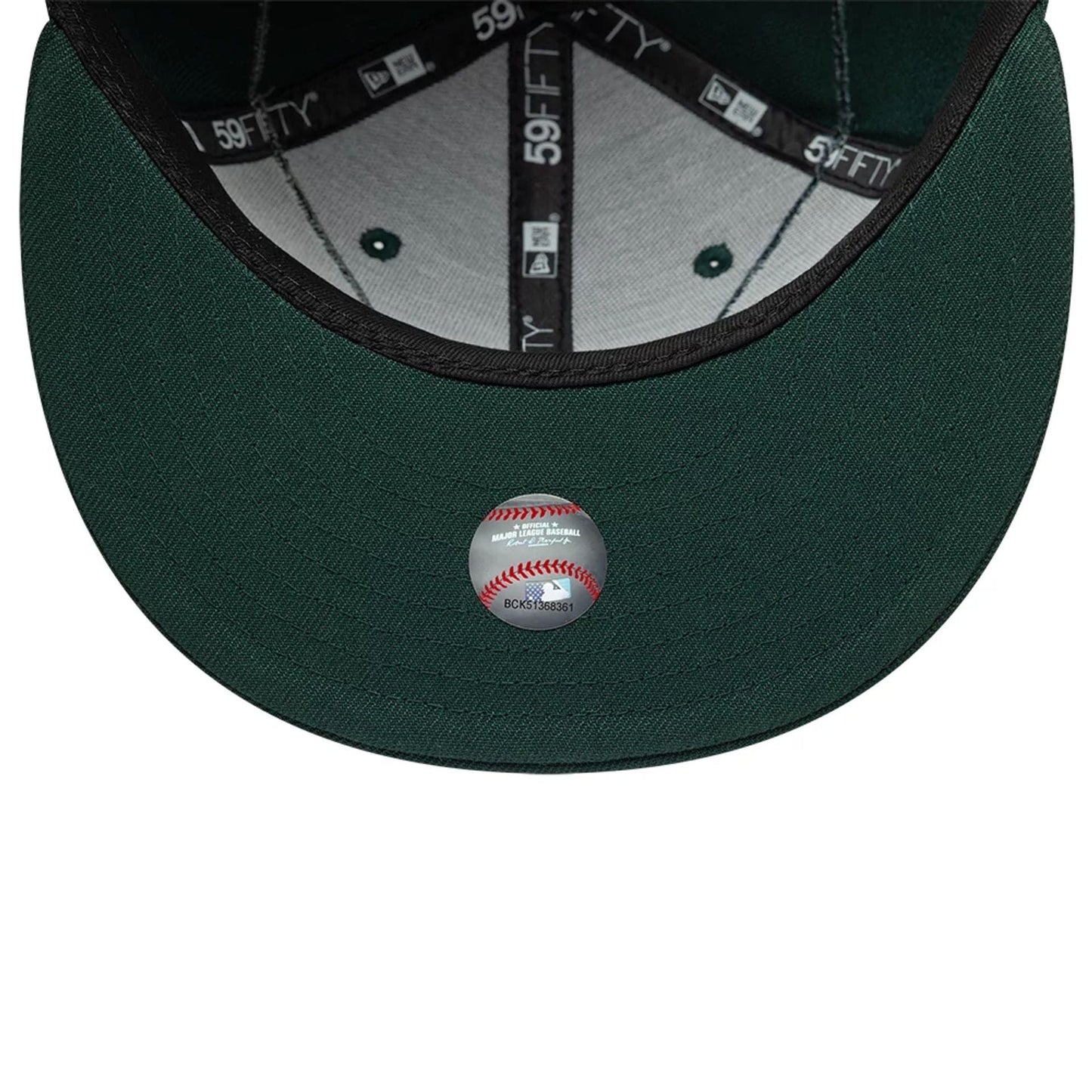 New York Yankees MLB Beaded Wings Dark Green New Era 59FIFTY Fitted Cap, inside view showing the grey undervisor, black 59FIFTY taping, dark green eyelets, and a MLB Baseball holographic sticker at the centre.