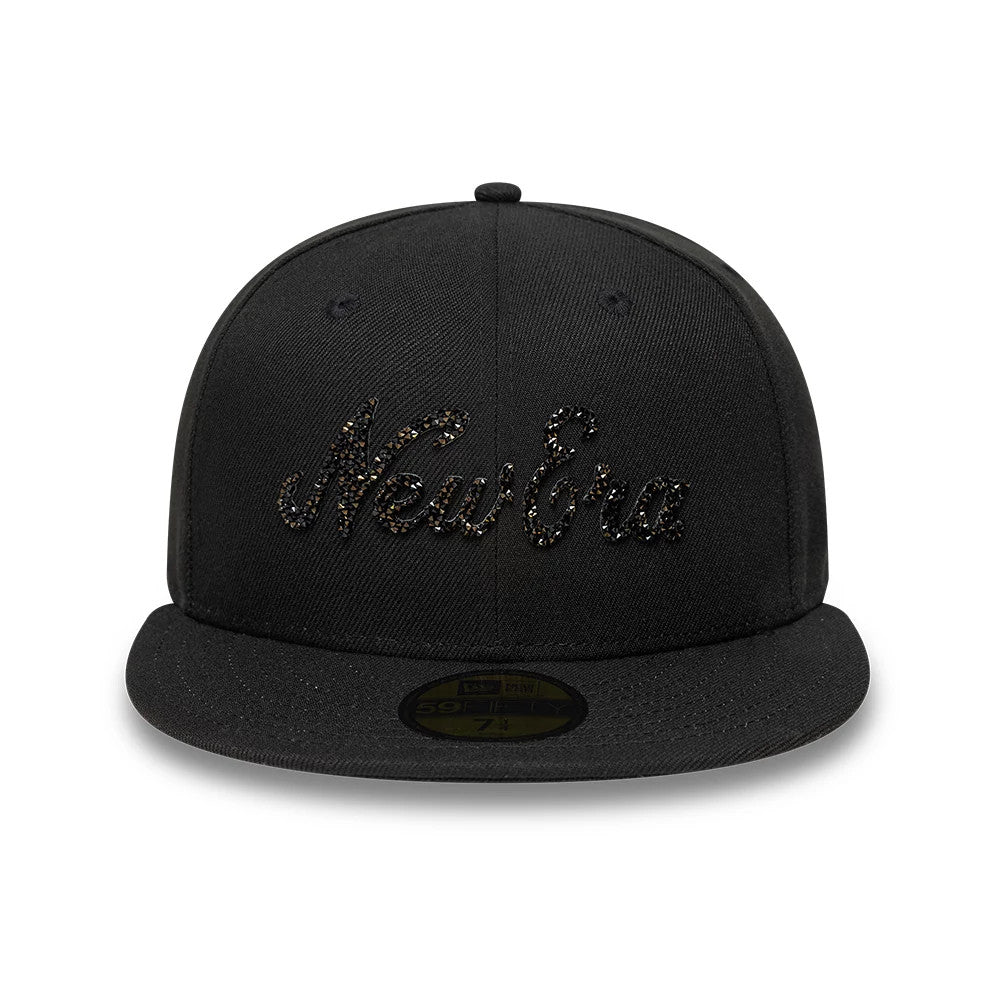 New Era Gem Black 59FIFTY Fitted Cap, front view showing raised black gemstone New Era script embroidery on the structured black crown, a black flat visor, and a gold 59FIFTY size sticker.