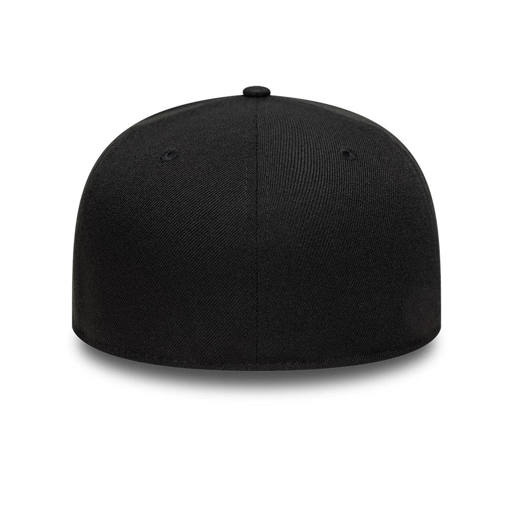 New Era Gem Black 59FIFTY Fitted Cap, rear view showing a plain black structured crown with no logos or embellishments, featuring a seamless finish and embroidered eyelets.