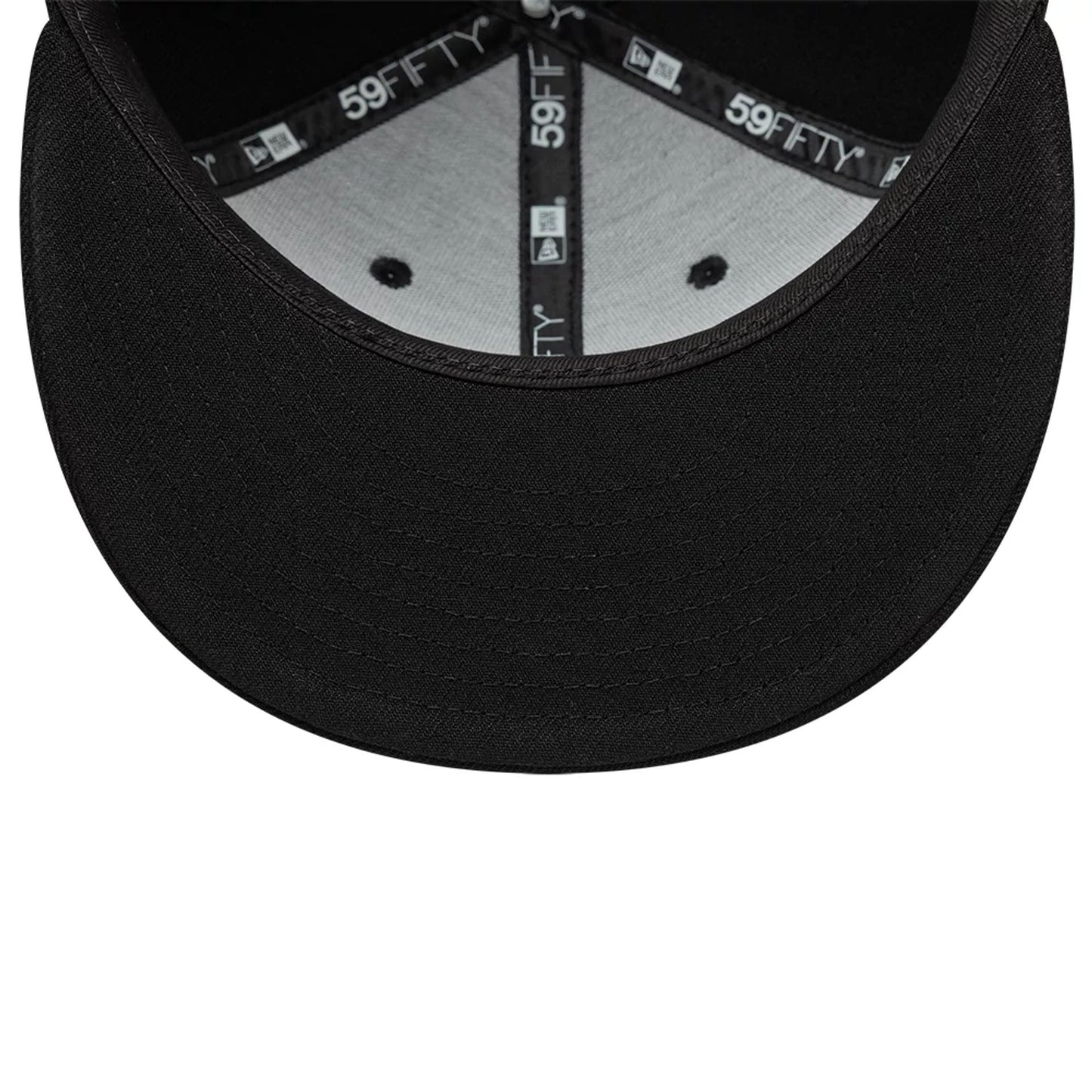 New Era Gem Black 59FIFTY Fitted Cap, inside view showing black taping with the 59FIFTY logo, a grey sweatband, two black eyelets, and a plain black undervisor seamlessly connected to the visor.