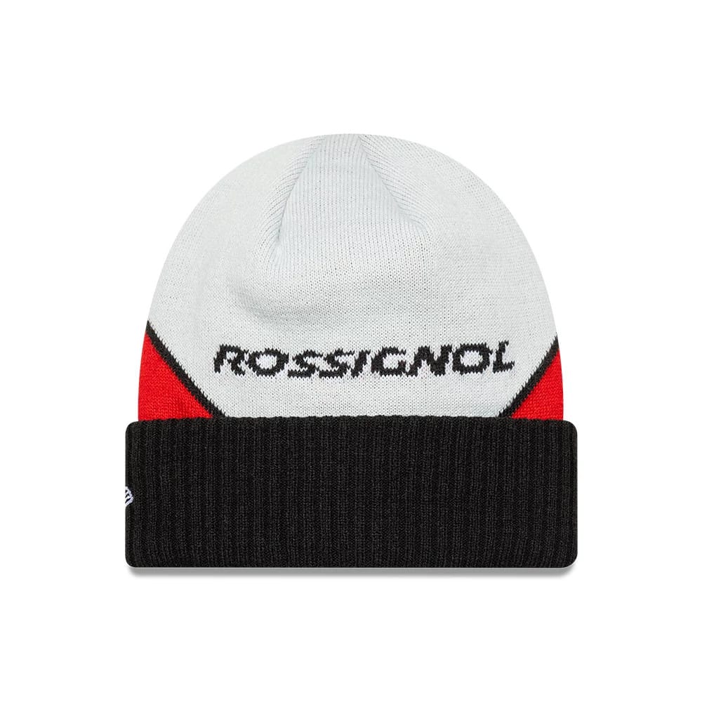 New Era Rossignol x AC Milan Black Cuff Knit Beanie Hat, front view showing the embroidered Rossignol logo on the red and grey patterned crown above a wide black ribbed cuff with New Era flag logo on the side.