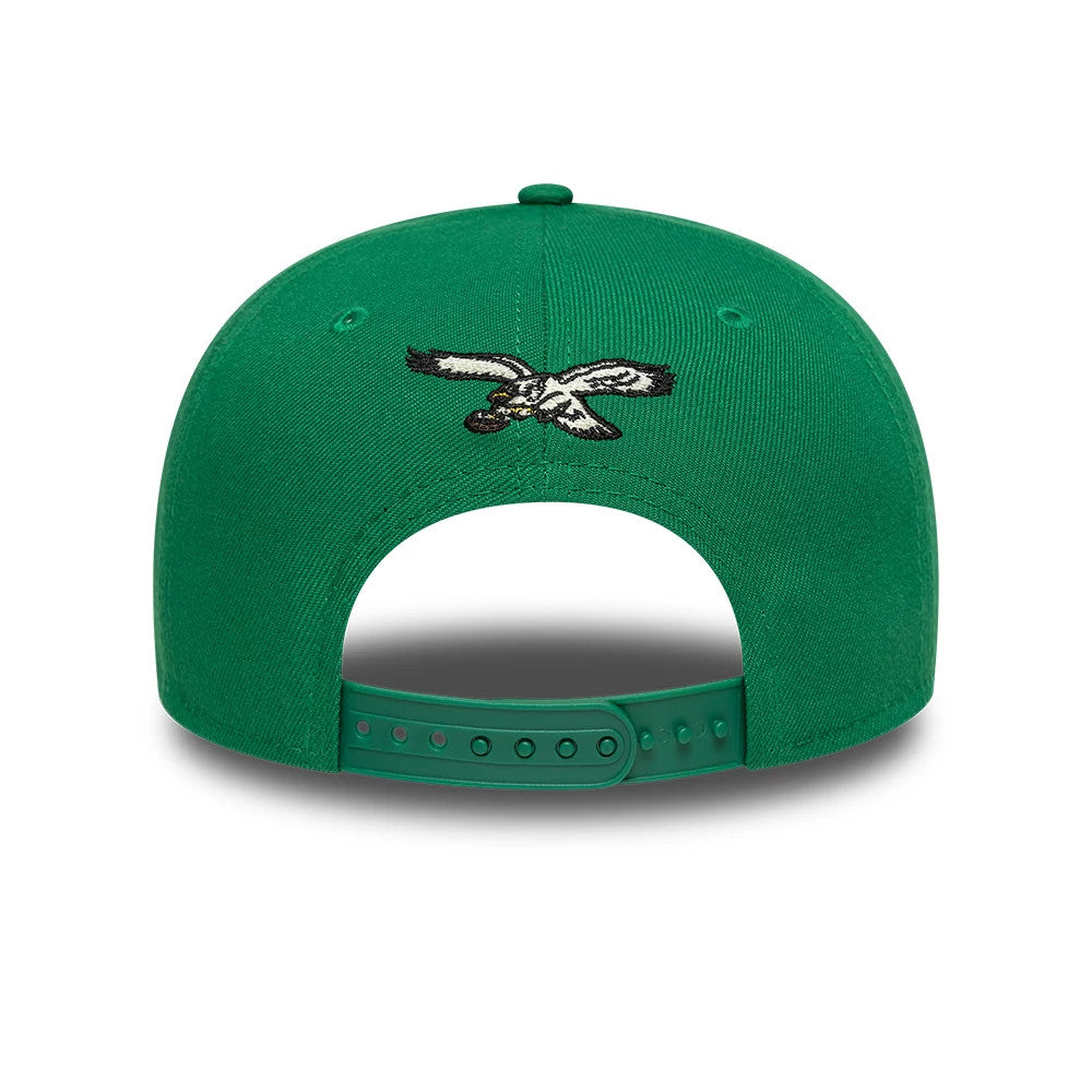 Philadelphia Eagles Fear Of God x NFL Green Retro Crown New Era 9FIFTY Adjustable Cap, rear view showing the detailed embroidered Eagles logo on the back panel above the green adjustable snap closure, with a curved crown.