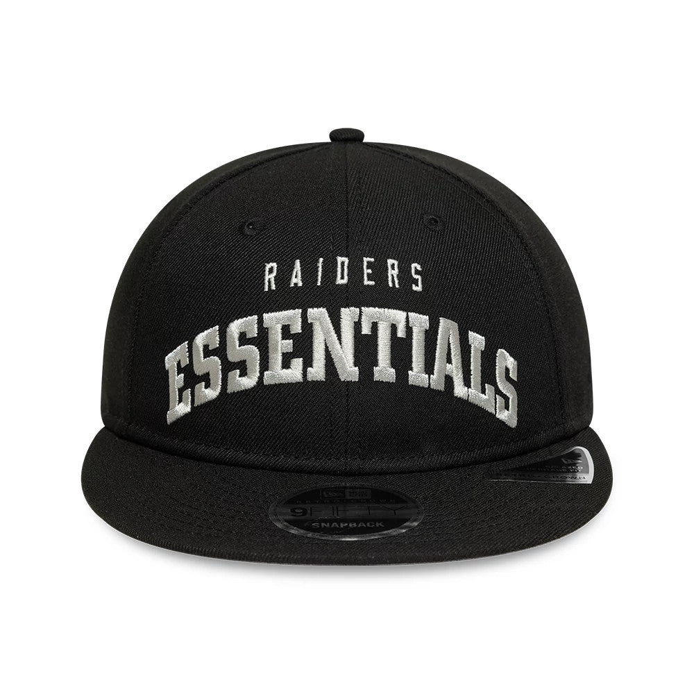 Las Vegas Raiders Fear Of God x NFL Black Retro Crown New Era 9FIFTY Adjustable Cap, front view showing raised white Raiders Essentials embroidery on the structured black crown, with a black flat visor and 9FIFTY size sticker.