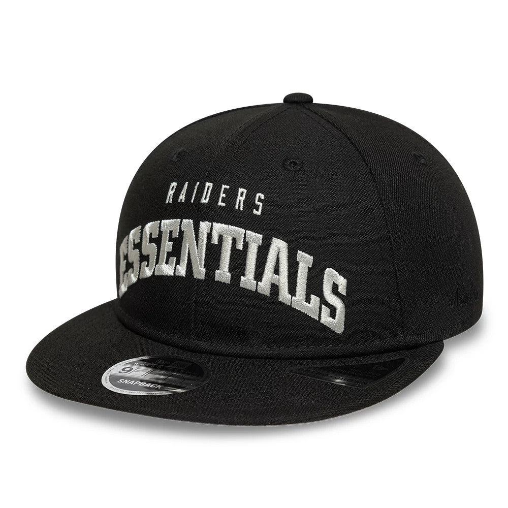 Las Vegas Raiders Fear Of God x NFL Black Retro Crown New Era 9FIFTY Adjustable Cap, three-quarter view with raised white embroidered Essentials text on the front panel, black structured crown, flat visor and a 9FIFTY size sticker on the visor.