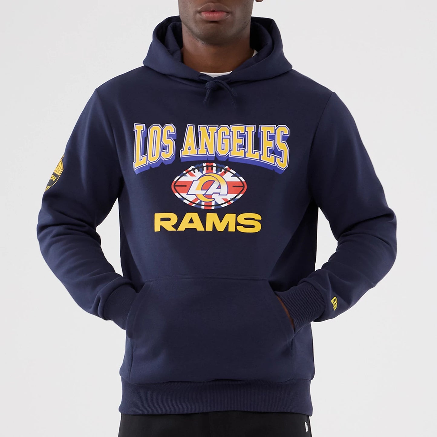 The Male model is wearing LA Rams NFL International Series Games 2025 Navy Pullover Hoodie 7