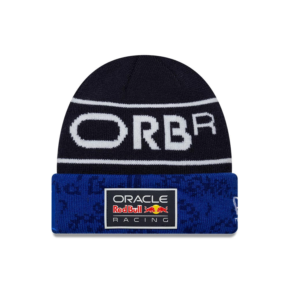 New Era Red Bull Racing Youth Replica Max Verstappen Dark Blue Cuff Knit Beanie Hat, front view showing the large Oracle Red Bull Racing logo patch centred on the blue cuff, with white 'ORBR' lettering across the dark blue upper knit.