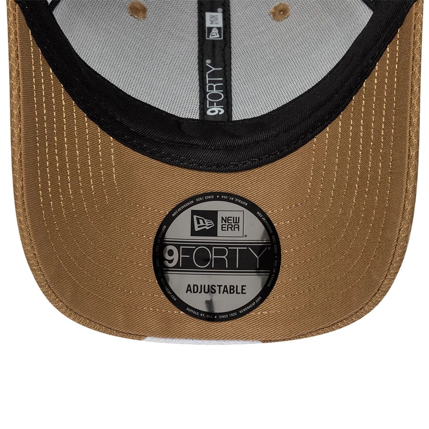 Visa Cash App Racing Bulls F1 Race Special Dark Beige New Era 9FORTY Adjustable Cap, inside view showing a black sweatband, grey interior with labelled taping, black undervisor and a large round 9FORTY size sticker on the dark beige visor.