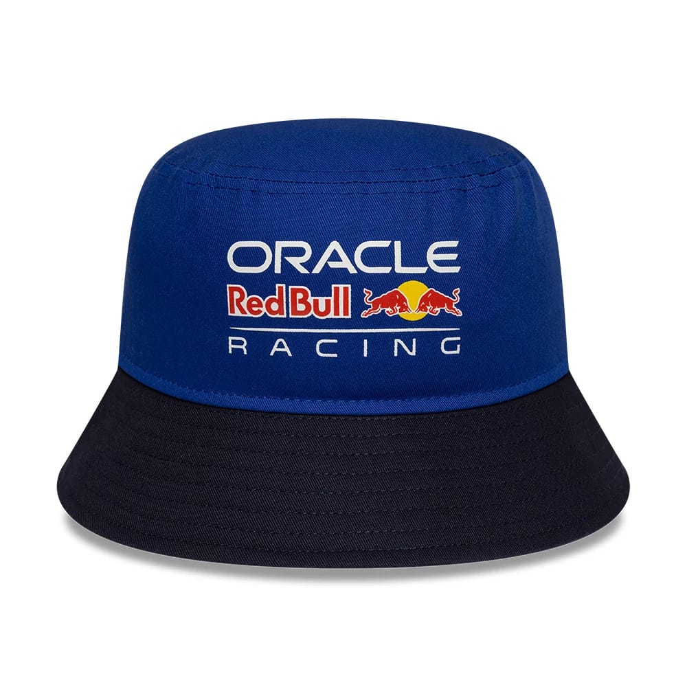 New Era Red Bull Racing Youth Essential Dark Blue Bucket Hat, front view showing the white Oracle and Red Bull Racing logos embroidered on the structured dark blue crown, with a contrasting darker blue visor.