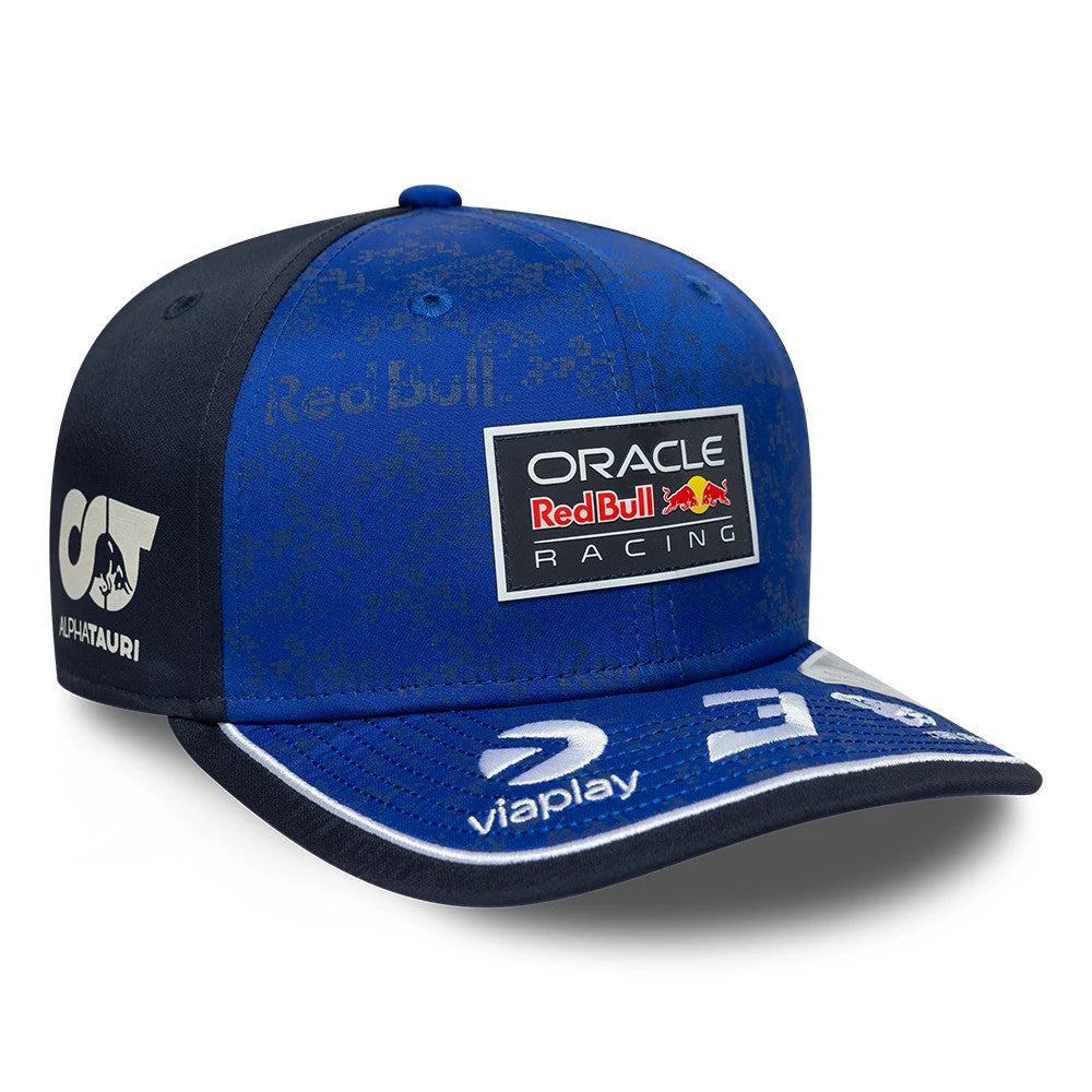 Red Bull Racing Youth Max Verstappen Dark Blue New Era 9SEVENTY Stretch Snap Adjustable Cap, front view showing the raised Oracle Red Bull Racing logo in the centre of the blue front panel.