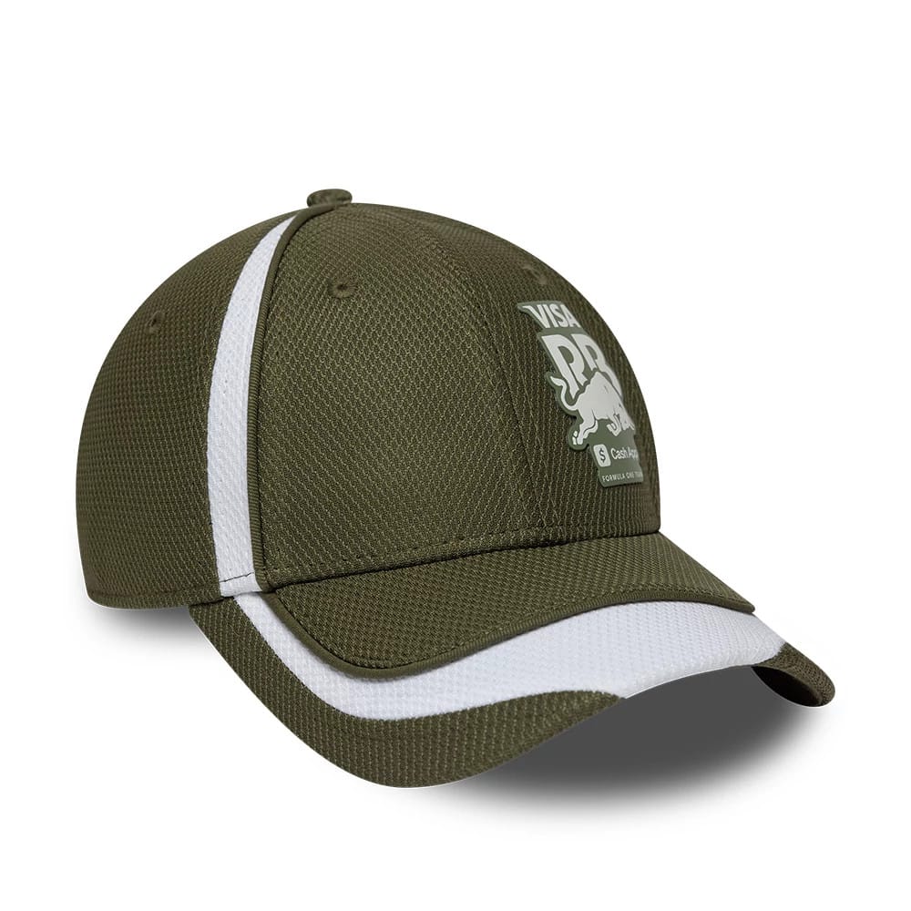 Visa Cash App Racing Bulls F1 Race Special Green New Era 9FORTY Adjustable Cap, three-quarter view showing the white embroidered logo on the front panel, green structured crown, white stripe detail, and curved visor with a contrasting white edge.