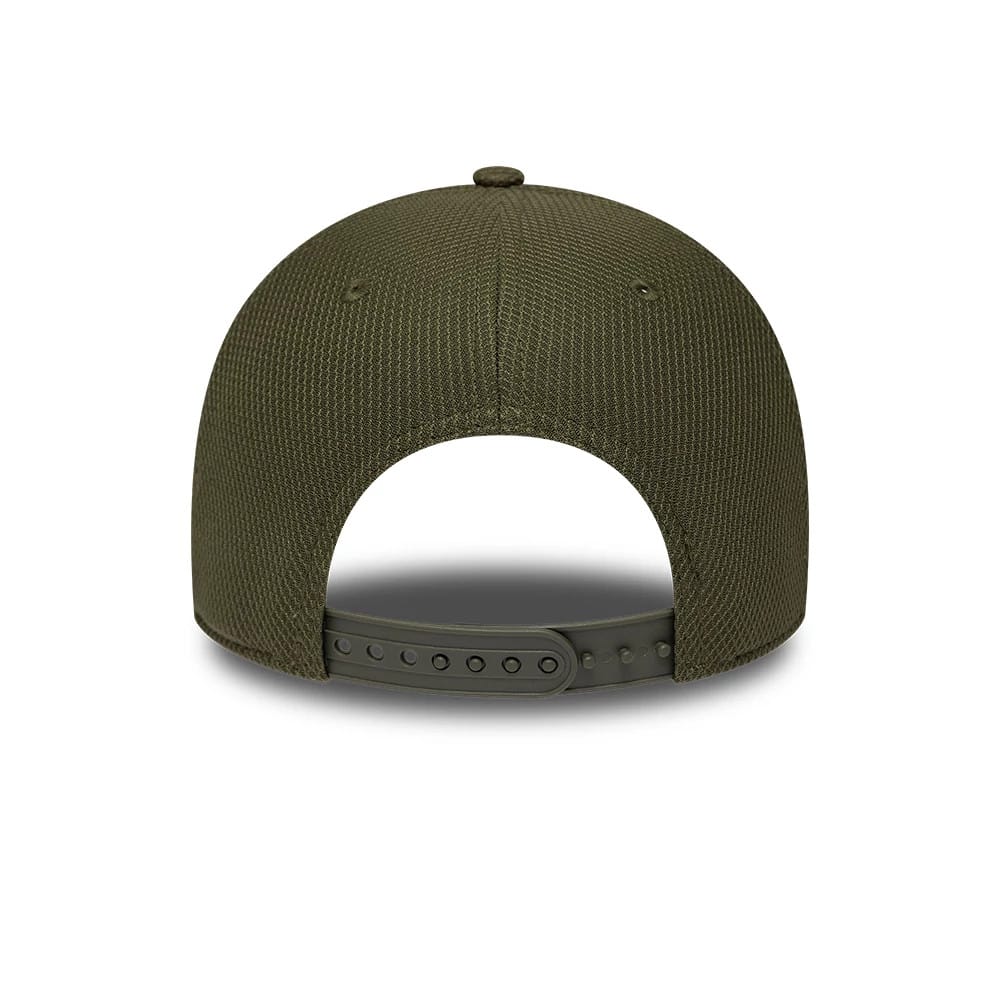 Visa Cash App Racing Bulls F1 Race Special Green New Era 9FORTY Adjustable Cap, rear view showing the textured olive green fabric, small top button, embroidered eyelets and adjustable snap closure on the back.