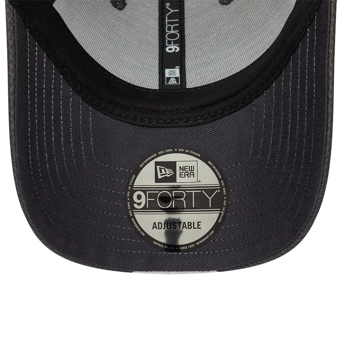 Visa Cash App Racing Bulls F1 Race Special Dark Grey New Era 9FORTY Adjustable Cap, inside view showing grey taping with black New Era logo, dark undervisor and a centred 9FORTY size sticker on the dark grey visor.