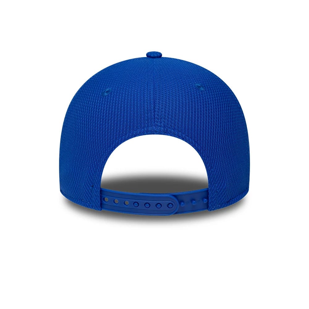Visa Cash App Racing Bulls Team Bright Blue New Era 9FORTY Adjustable Cap, rear view featuring a curved visor, bright blue adjustable strap and six-panel structured crown with matching blue eyelets and top button.