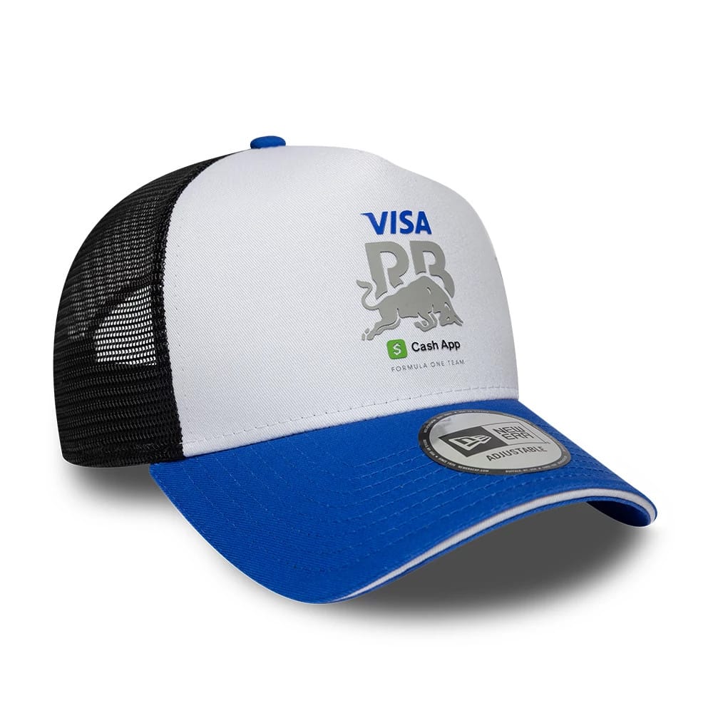 Visa Cash App Racing Bulls White New Era 9FORTY A-Frame Trucker Adjustable Cap, three-quarter view showing a grey Red Bull logo and blue Visa lettering on the white front panel, with a blue curved visor and a New Era 9FORTY size sticker.