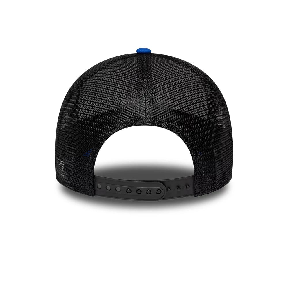 Visa Cash App Racing Bulls White New Era 9FORTY A-Frame Trucker Adjustable Cap, rear view showing the black mesh back panels and a blue top button, with a black adjustable strap at the lower edge.
