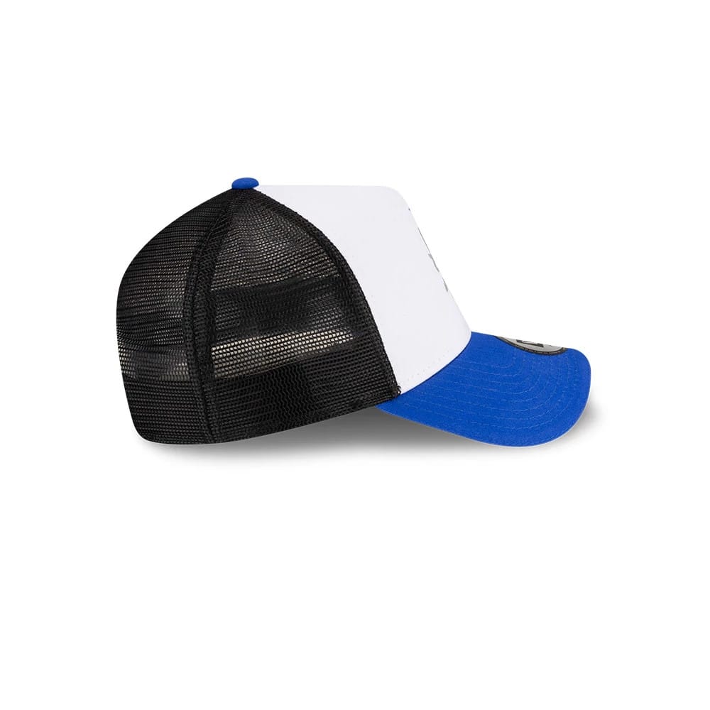 Visa Cash App Racing Bulls White New Era 9FORTY A-Frame Trucker Adjustable Cap, side view with a black mesh back, white front panel, blue curved visor, and New Era flag logo on the left side.