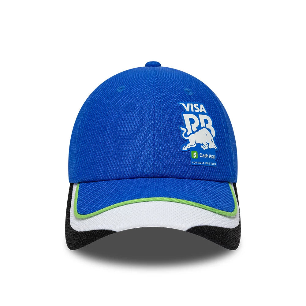 New Era Womens Visa Cash App Racing Bulls Bright Blue Open Back Cap, front view showing the white Visa and Bull logos on the structured bright blue crown, with a black and white curved visor featuring a green trim.