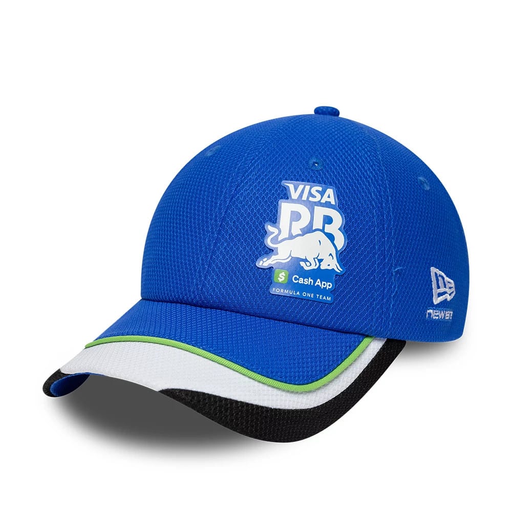 New Era Womens Visa Cash App Racing Bulls Bright Blue Open Back Cap, three-quarter view showing the white embroidered PR Bulls logo on the front panel, with a blue textured crown, green-accented white visor, and New Era flag logo on the left side.