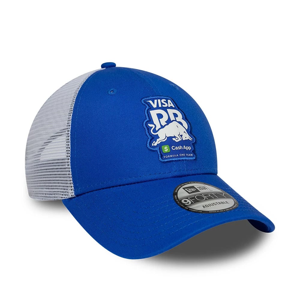 Visa Cash App Racing Bulls Summer League Bright Blue New Era 9FORTY Adjustable Cap, three-quarter view showing the Visa Racing Bulls logo embroidered on the front panel and a 9FORTY size sticker on the bright blue curved visor.