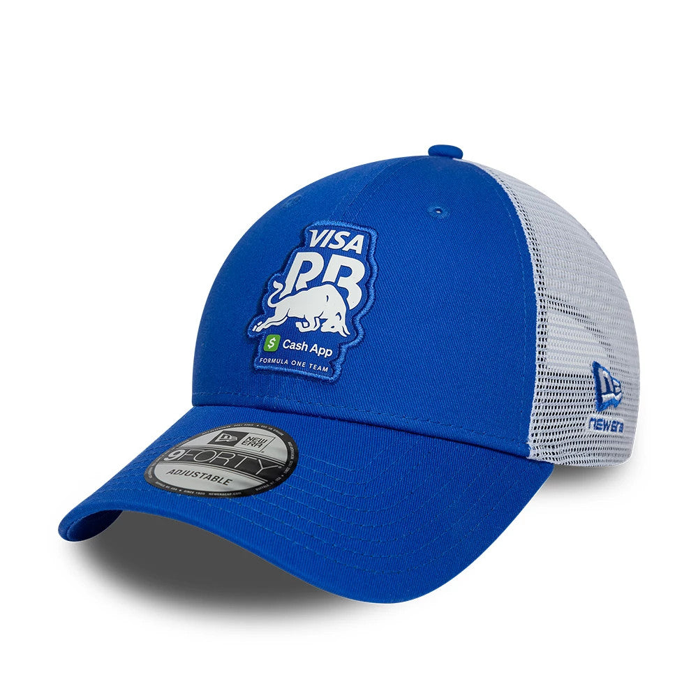 Visa Cash App Racing Bulls Summer League Bright Blue New Era 9FORTY Adjustable Cap, three-quarter view showing the white embroidered bull logo on the blue front panel, with a white mesh rear and a black 9FORTY size sticker on the blue curved visor.