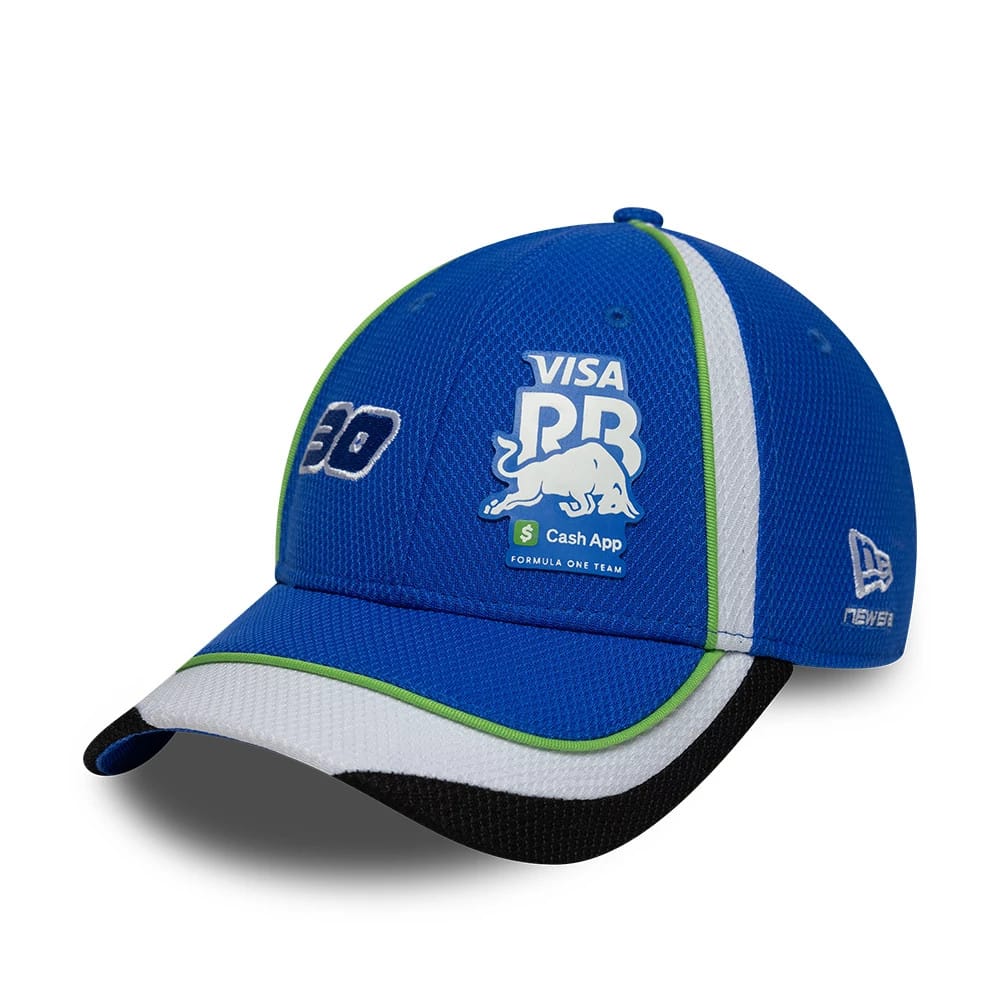 Visa Cash App Racing Bulls Teamline 2026 Blue New Era 9FORTY Adjustable Cap, three-quarter view showing a white and green embroidered racing logo on the front panel, with a contrasting white and black curved visor and New Era flag on the left side.