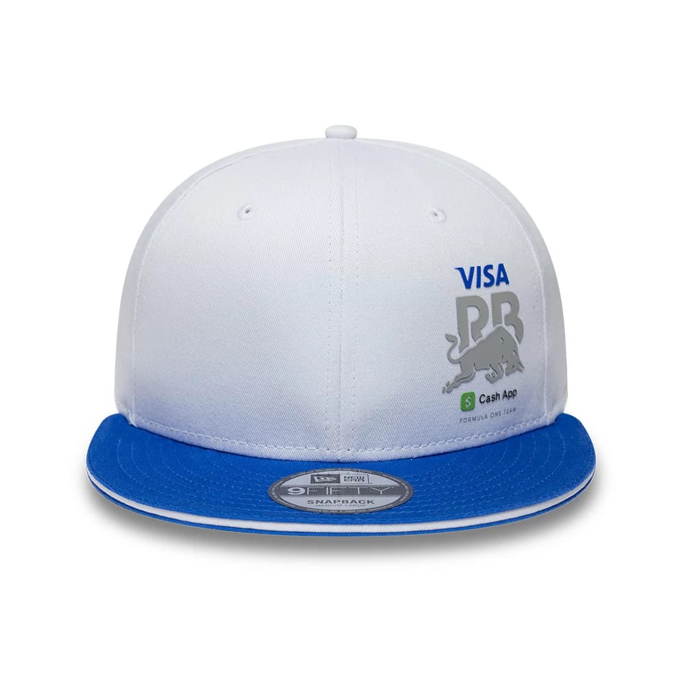 Visa Cash App Racing Bulls Essential White New Era 9FIFTY Snapback Adjustable Cap, front view showing blue and silver logo embroidery on the structured white front panel, blue flat visor and 9FIFTY size sticker.