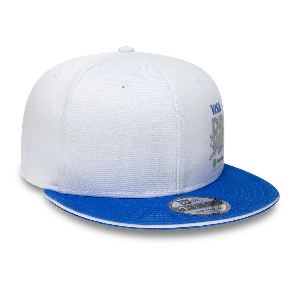 Visa Cash App Racing Bulls Essential White New Era 9FIFTY Snapback Adjustable Cap, three-quarter view with blue raised embroidered logo on the white front panel, blue flat visor, and 9FIFTY size sticker.