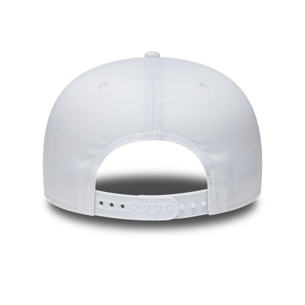 Visa Cash App Racing Bulls Essential White New Era 9FIFTY Snapback Adjustable Cap, rear view showing the white plastic snap closure at the back of the low-structured white crown, with eyelets on each panel.