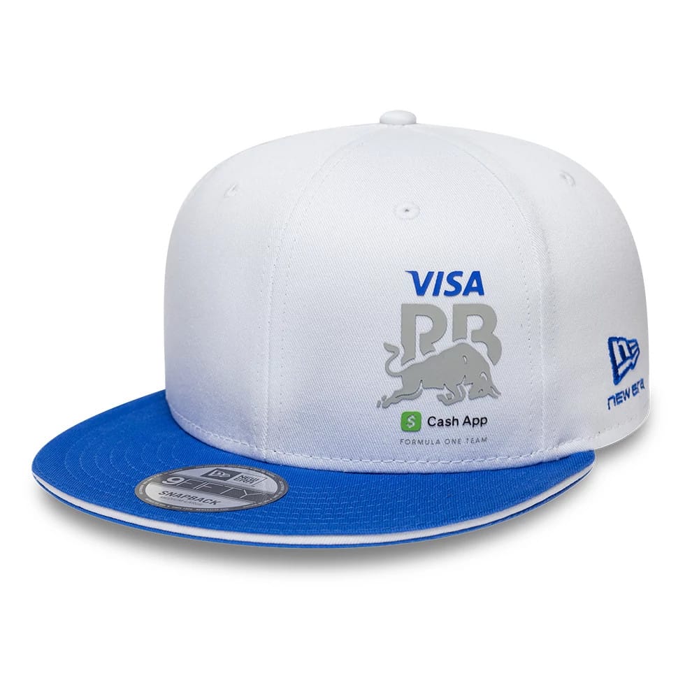 Visa Cash App Racing Bulls Essential White New Era 9FIFTY Snapback Adjustable Cap, front view showing a grey bull and blue Visa logo embroidered on the white front panel, with a royal blue visor and 9FIFTY size sticker.