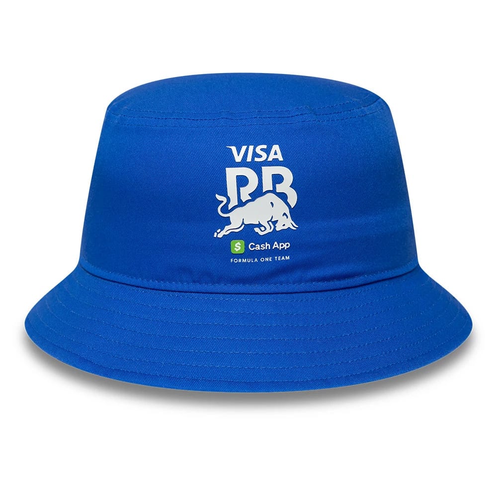 New Era Visa Cash App Racing Bulls Essential Bright Blue Bucket Hat, front view showing a white Visa PR and bull graphic on the structured crown, with a green Cash App logo and Formula One Team text beneath.