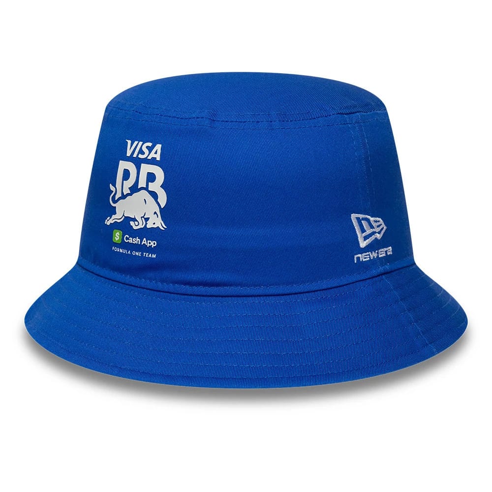 New Era Visa Cash App Racing Bulls Essential Bright Blue Bucket Hat, front view showing the white Visa RR Red Bull graphic with Cash App logo on the crown, and the embroidered New Era flag logo on the left side.