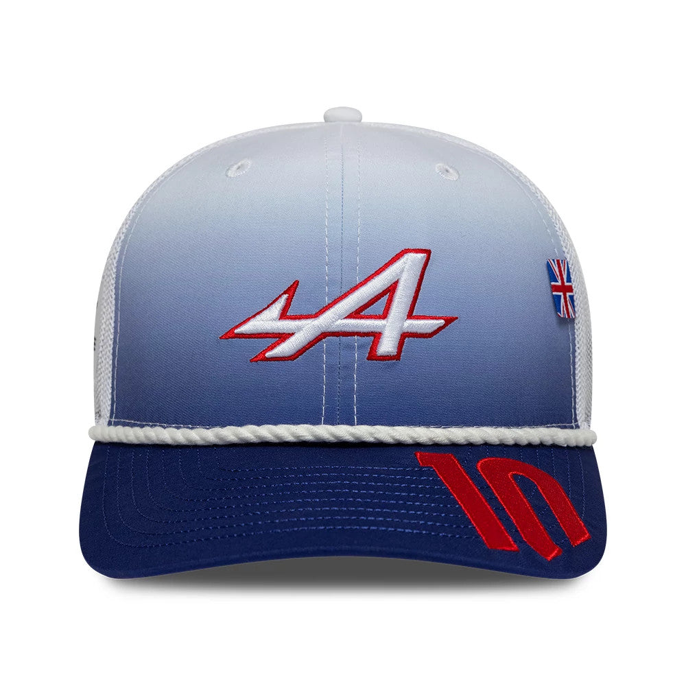 Alpine Racing Pierre Gasly Silverstone Race Special White New Era 9SEVENTY Stretch Snap Adjustable Cap, front view showing a red and white embroidered A logo on a gradient blue and white crown with a red 10 on the navy visor.