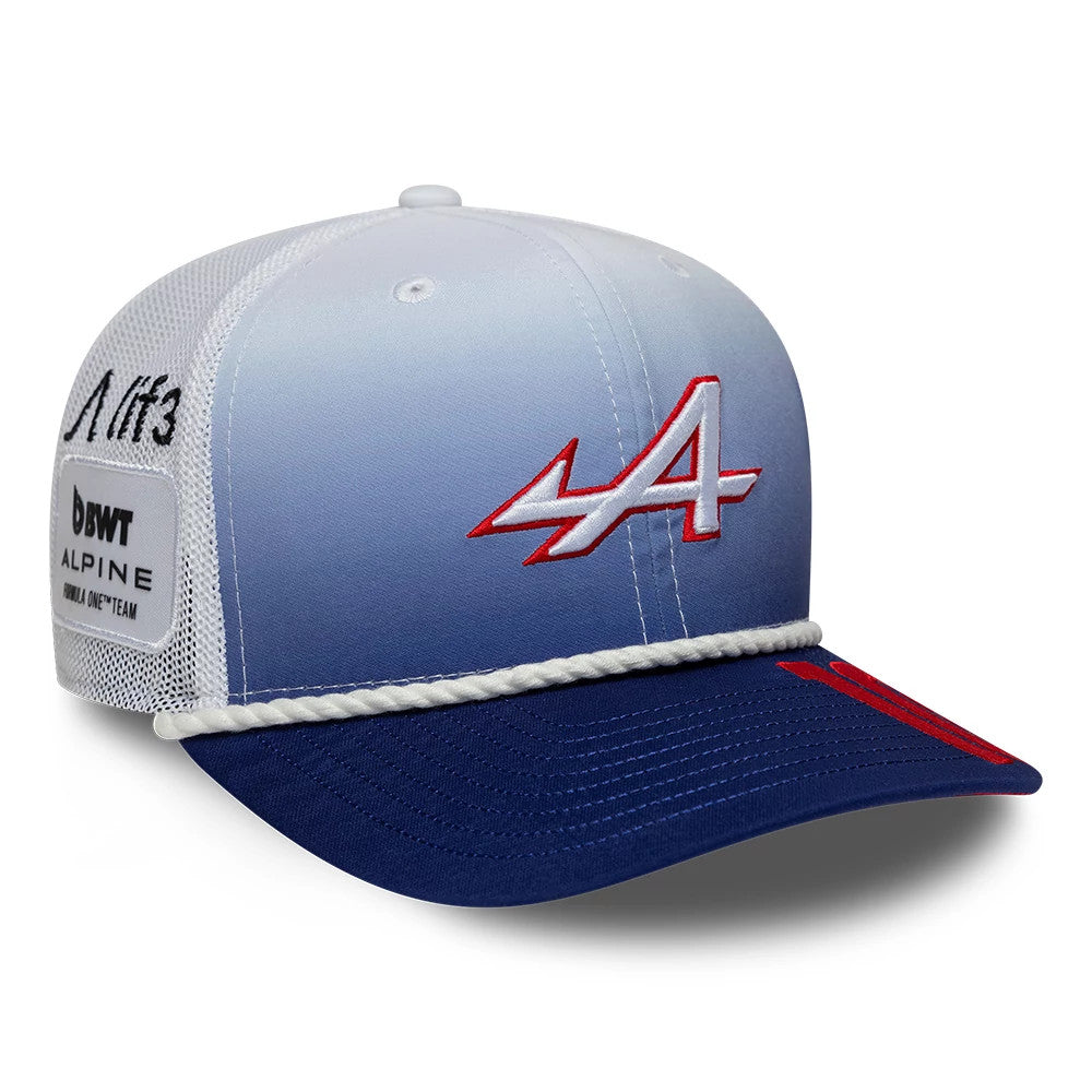Alpine Racing Pierre Gasly Silverstone Race Special White New Era 9SEVENTY Stretch Snap Adjustable Cap, three-quarter view showing a red embroidered A logo on the white-to-blue gradient front panel and blue visor with a white rope detail.