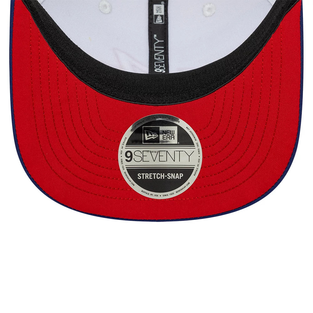 Alpine Racing Pierre Gasly Silverstone Race Special White New Era 9SEVENTY Stretch Snap Adjustable Cap, inside view showing the red undervisor with a black 9SEVENTY size sticker, black sweatband and white taping the New Era logo.