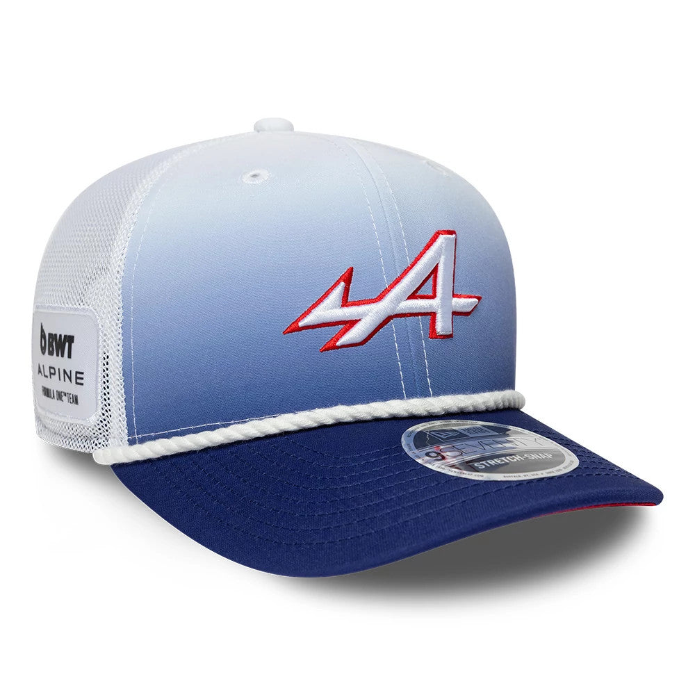 Alpine Racing Silverstone Race Special White New Era 9SEVENTY Stretch Snap Adjustable Cap, three-quarter view with a red and white embroidered A logo on the blue to white gradient front panel, navy visor and 9SEVENTY size sticker.