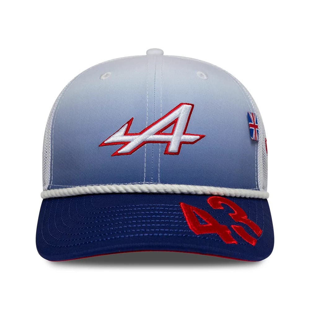 Alpine Racing Franco Colapinto Silverstone Race Special White New Era 9SEVENTY Stretch Snap Adjustable Cap, front view showing a raised red A logo on the front panel, mesh side panels, and red number 43 embroidery on the navy visor.