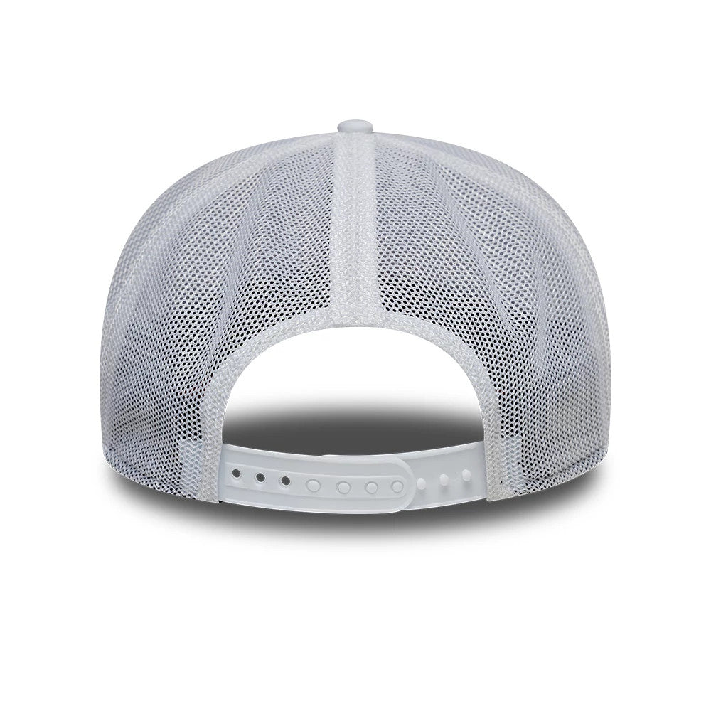 Alpine Racing Franco Colapinto Silverstone Race Special White New Era 9SEVENTY Stretch Snap Adjustable Cap, rear view featuring a white mesh crown and an adjustable snap closure strap at the back for a custom fit.