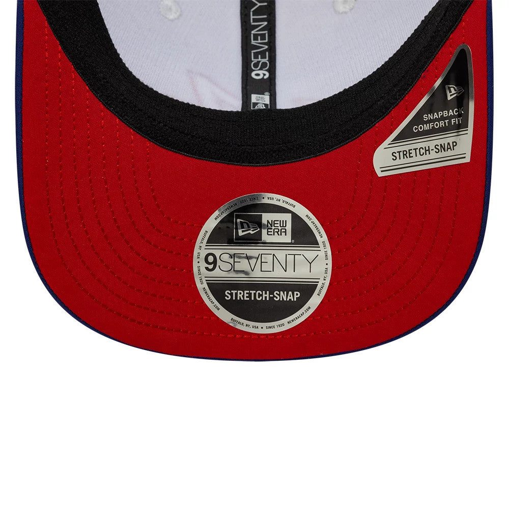 Alpine Racing Franco Colapinto Silverstone Race Special White New Era 9SEVENTY Stretch Snap Adjustable Cap, inside view showing a 9SEVENTY size sticker on the red undervisor, black sweatband, and New Era taping.