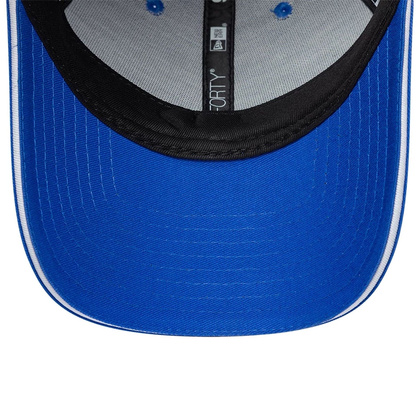 Visa Cash App Racing Bulls Essential Bright Blue New Era 9FORTY Adjustable Cap, inside view showing the bright blue undervisor, black sweatband, and size label on the black taping along the structured grey crown.