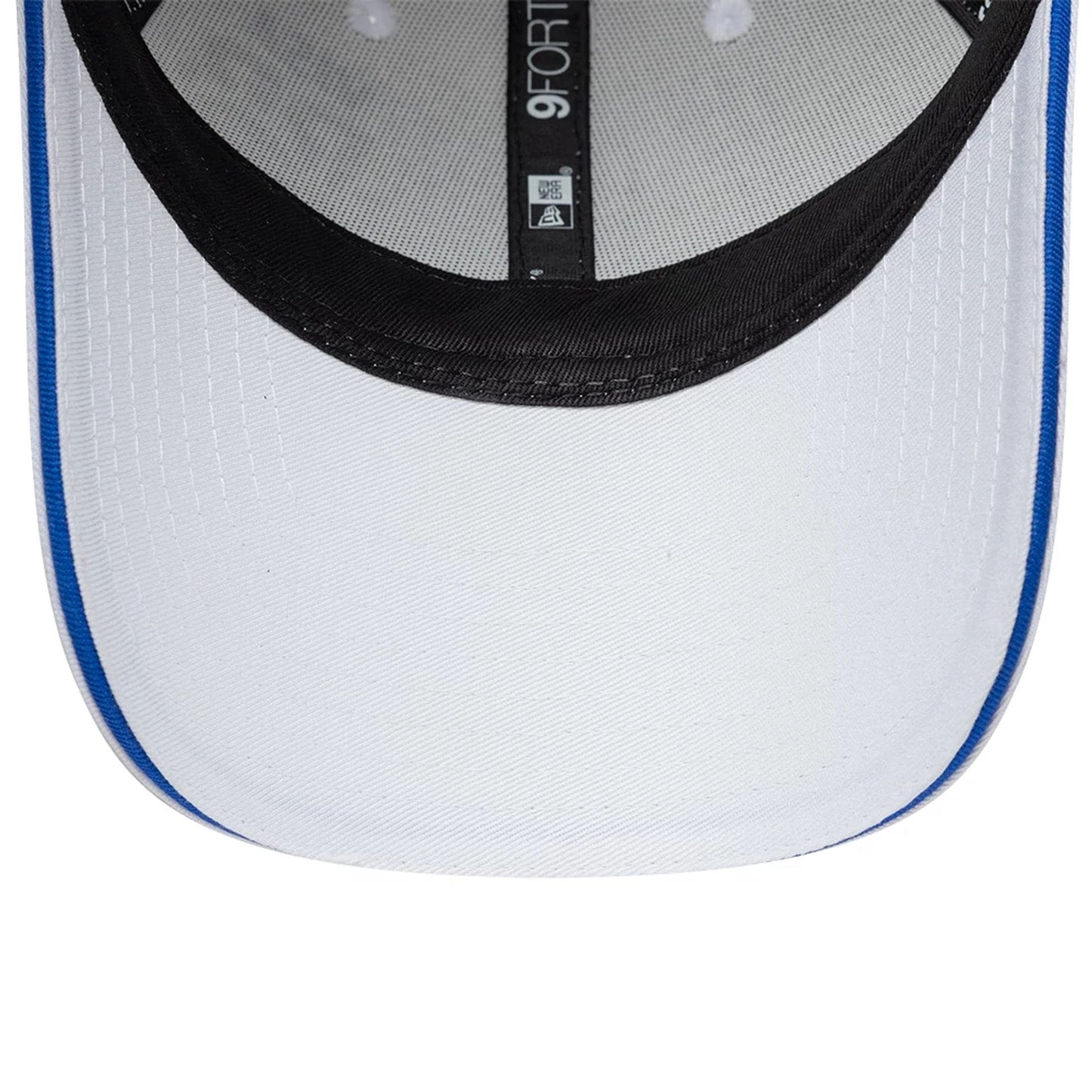 Visa Cash App Racing Bulls Essential White New Era 9FORTY Adjustable Cap, inside view showing the black sweatband with a 9FORTY size sticker, white taping, and a contrasting black undervisor edged with a blue stripe.
