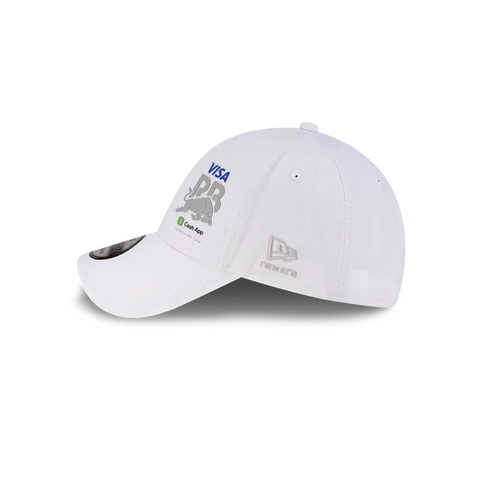 Visa Cash App Racing Bulls Essential White New Era 9FORTY Adjustable Cap, side view showing the grey embroidered New Era flag logo on the left side, with a structured white crown and curved white visor.
