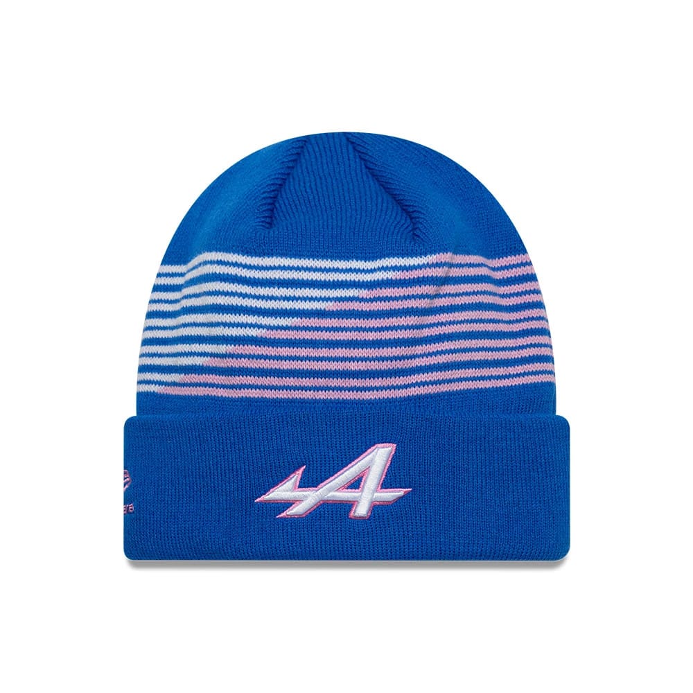 Pictured is this Alpine Racing Team Cuff Knit Beanie hat in blue. 1