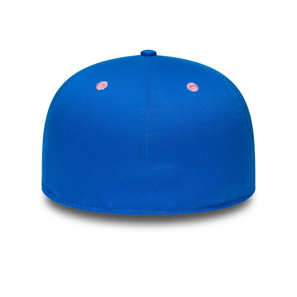 Alpine Racing Summer League Blue New Era 59FIFTY Fitted Cap, rear view showing blue fabric with contrasting pink embroidered eyelets and a matching top button, lacking any back logos for a finish.